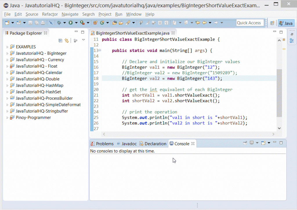 BigInteger shortValueExact() example output - Java Tutorial HQ