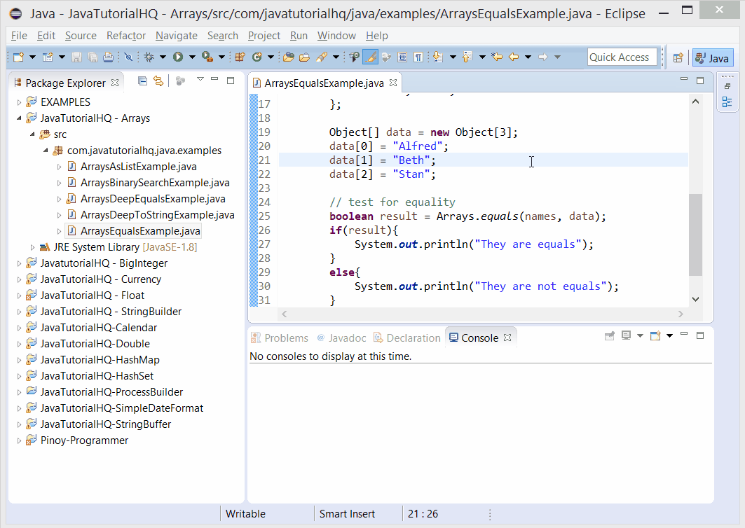 Java Arrays equals() method example