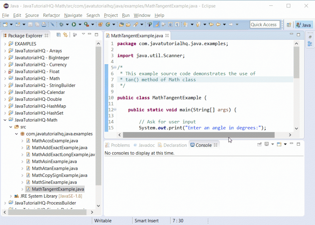 java lang Math tan() example output - Java Tutorial HQ