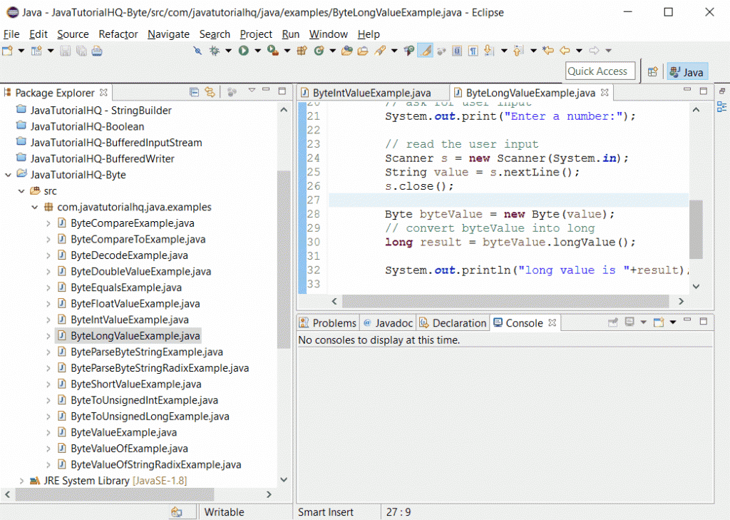 java Byte longValue() example output - Java Tutorial HQ