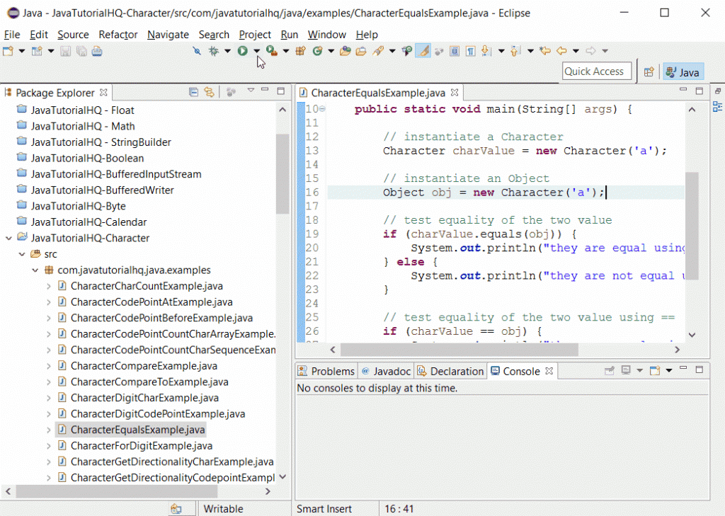 Java Character Equals(Object Obj) Example Output - Java Tutorial HQ